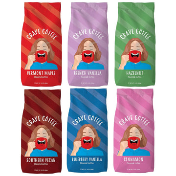 Crave Beverages Flavored Ground Coffee Bag, Assorted Variety Pack – Flavorful and Fun Brew, Made with 100% Arabica Beans - Flavor Enhanced, 10 Oz, Pack of 6