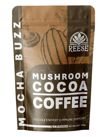 Organic Mushroom Cocoa Coffee - Increases Focus & Energy for Health-Conscious Drinkers - Mocha Buzz, Laxative Free - 30 Packets