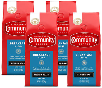 Community Coffee Breakfast Blend 12 Ounces, Medium Roast Ground Coffee, 12 Ounce Bag (Pack of 4)