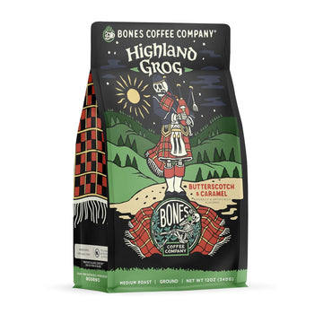 Bones Coffee Company Decaf Highland Grog Butterscotch Caramel Flavored, Medium Roast Low Acid, 12 Oz Ground