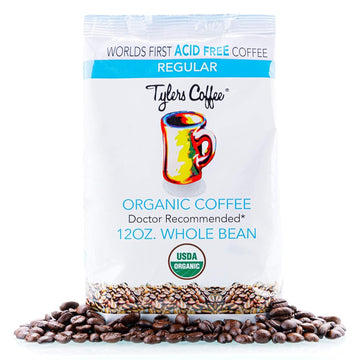 Tyler’s Acid Free Organic Whole Beans - 100% Arabica Full Flavor - Caffeinated No Bitter Aftertaste - For Acid Free Diets- Natural and Organic Blend for Common GI Issues 12 oz
