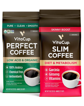 VitaCup Perfect Low Acid Ground Coffee,11 oz & Slim Ground Coffee,11 oz Bundle | Infused with Superfoods (With B Vitamins, Ginseng & Garcinia Cambogia) for Diet & Support