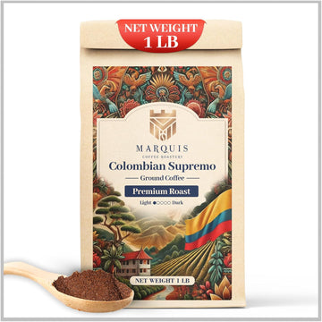 Marquis - Colombian Supremo Ground Coffee, Rich and Bold 100% Colombian Coffee, Fuller-Bodied & Very Well Balanced Colombian Coffee with a Heady Aroma, Premium Light Roast Ground Coffee, 1 lb