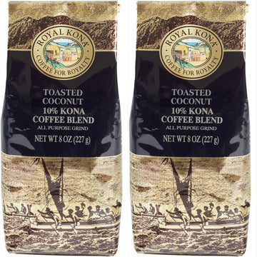 Royal Kona 10% Kona Coffee Blend, Toasted Coconut - 2 Pack Ground Coffee (2 x 8 Ounce)
