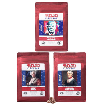 Rojo Elephant Handcrafted Ground Coffee, 11 0z Bags 3 Pack, Trump's Triumph, Betsy Ross, Susan B. Anthony, Iconic Selection