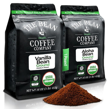 The Bean Organic Coffee Company Aloha Bean (Hawaiian Hazelnut) and Vanilla Bean, Medium Roast, Ground Coffee, 16-Ounce Bag,Café molido tostado organico