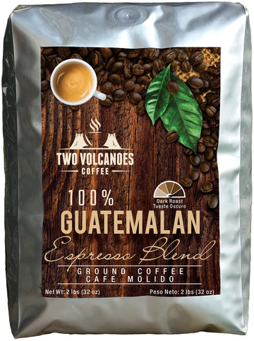 Two Volcanoes Ground Coffee - Dark Roast Espresso Blend - 2 lb bag - Guatemala Delicious Gourmet Coffee. Great for French Press. Get The Kick, Enjoy The Smoothness!