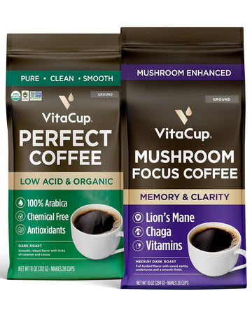 VitaCup Focus Mushroom Coffee Grounds for Memory & Clarity Medium Dark Roast 10oz | Perfect Low Acid Single Origin Organic Coffee Grounds, Dark Roast 10 oz, Ground Coffee Bundle
