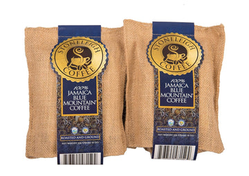Stoneleigh Coffee – Two Pack (2) Grade A Jamaica Blue Mountain Coffee Premium Roasted & Ground - 8Ozs – 100% Genuine Jamaican Product - Traditional Jamaican Crocus (Burlap) Bag Packed Ideal for Gifting