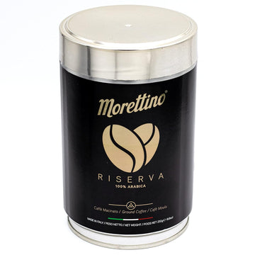 Morettino 100% Arabica Mild Dark Roasted Sicilian Artisan Ground Coffee Blend, Riserva Exclusive Italian Espresso Caffe Macinato, 8.8 oz Tin (250g), Elegant Character, Made in Sicily, Italy