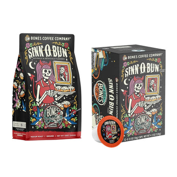 Bones Coffee Company Sinn 'O' Bun Ground Coffee Beans 12 oz and Bones Cups Sinn 'O' Bun 12 ct Bundle