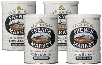 French Market Coffee, Coffee & Chicory Restaurant Blend, Medium-Dark Roast Ground Coffee, 12-Ounce Metal Can (Pack of 4)