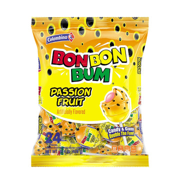 Colombina Bon Bon Bum Lollipops w/Bubble Gum Center, Passion Fruit Flavor, Individually Wrapped, Ideal for Party Favors and Gifts, 1 Pack (24 Count)