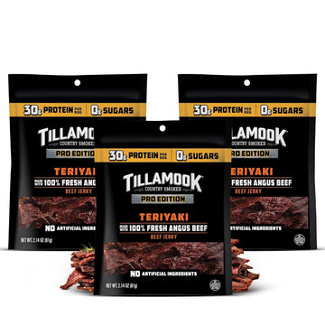 Tillamook Beef Jerky, Country Smoker PRO Edition, Zero Sugar Teriyaki, 2.14 Oz (3 Pack) Real Hardwood Smoked Fresh Angus Beef, Low Carb, High Protein Ready to Eat Keto Snack for Athletes, Gluten Free