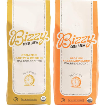 Bizzy Organic Cold Brew Coffee | Bundle | Coarse Ground Coffee | Light & Bright 1 LB + Breakfast Blend 1 LB | 2 Pack