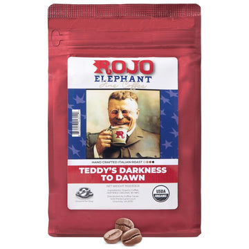Rojo Elephant Teddy's Darkness to Dawn Handcrafted Italian Roast Ground Coffee, Made From 100% Arabica Beans, Premium, Smooth, Rich Flavor, USDA Organic, 11 0z Pack