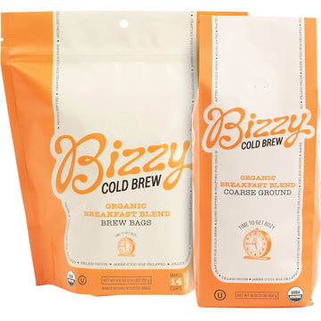Bizzy Organic Cold Brew Coffee | Bundle | Coarse Ground Coffee | Breakfast Blend 1 LB + Breakfast Blend Brew Bags 4-count | 2 Pack