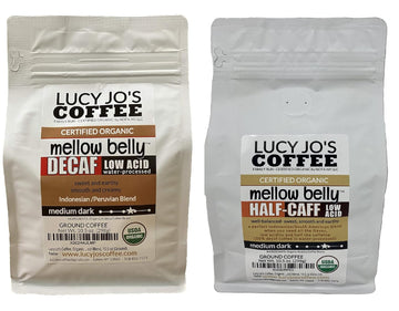 Lucy Jo's Coffee, 2 Bag Bundle, Organic Decaf Mellow Belly Low Acid GROUND 10.5oz and Organic Mellow Belly Half-Caff Low Acid GROUND 10.5oz, Medium Dark, Water Processed Decaf