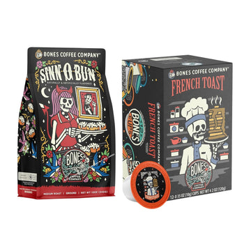 Bones Coffee Company Sinn 'O' Bun Ground Coffee Beans 12 oz and Bones Cups French Toast 12 ct Bundle