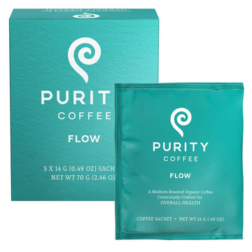 Purity Coffee FLOW Medium Roast Organic Coffee - USDA Certified Organic Specialty Grade Arabica Single-Serve Packets - Third Party Tested for Mold, Mycotoxins and Pesticides - 5 ct Box