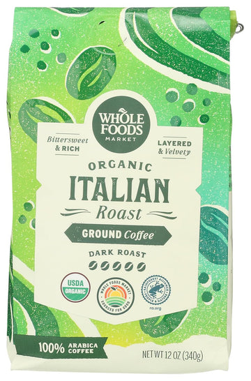 Whole Foods Market, Organic Ground Coffee, Dark Italian Roast, Bittersweet, Rich & Velvety, 12 Ounce