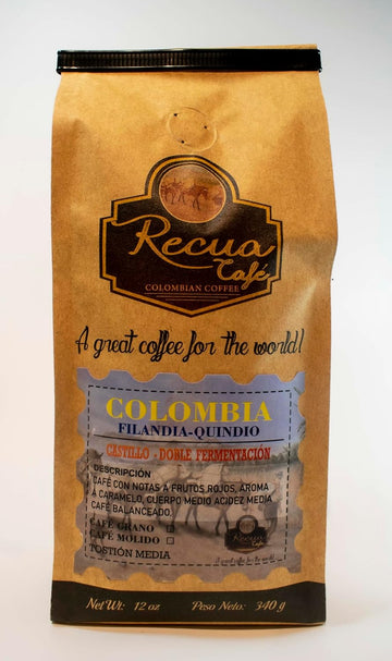 Recua Colombian Coffee - Colombian Whole Bean Coffee, Castillo Variety, Honey Process, Medium Roast, 340g Grown at 1500m in Filandia Quindío Colombia