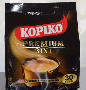 Kopiko Instant Premium 3 in 1 Coffee with Non Dairy Creamer and Sugar 30 Count Per Bag