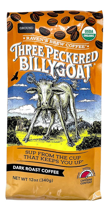 Raven's Brew Coffee Three Peckered Billy Goat, 12 Ounce - Dark Roast - Full Body with a Long Sweet Finish (Organic Ground, 12 oz)