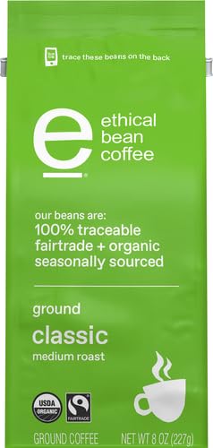 Ethical Bean Fairtrade Organic Coffee, Classic Medium Roast, Ground Coffee Beans - 100% Arabica Coffee (8 oz Bag), 0.5 Pound (Pack of 1)