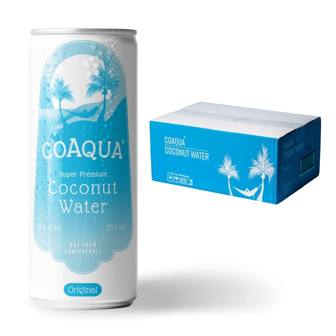 CoAqua Organic Coconut Water, 24 Pack, Natural Electrolytes for Hydration, Naturally Sweet Electrolyte Drink Potassium, Pure Coconut Water Not from Concentrate, Fat Free, Low Sugar, 8.4 Fl Oz Cans