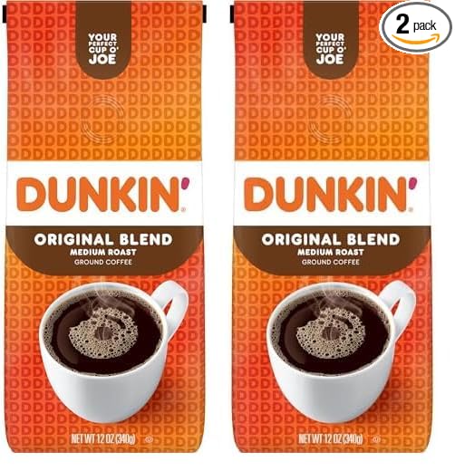 Dunkin' Original Blend Medium Roast Ground Coffee, 12 Ounce (Pack of 2)