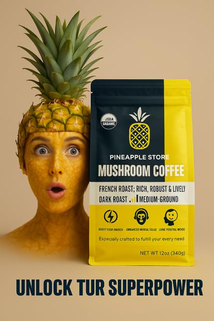 Mushroom Coffee Organic with Organic Lion's Mane Mushroom Chaga Mushroom & more 6 Mega Power 30 servings mushroom coffee mind Focus Bost Support energy coffee 12oz bag pineapple store