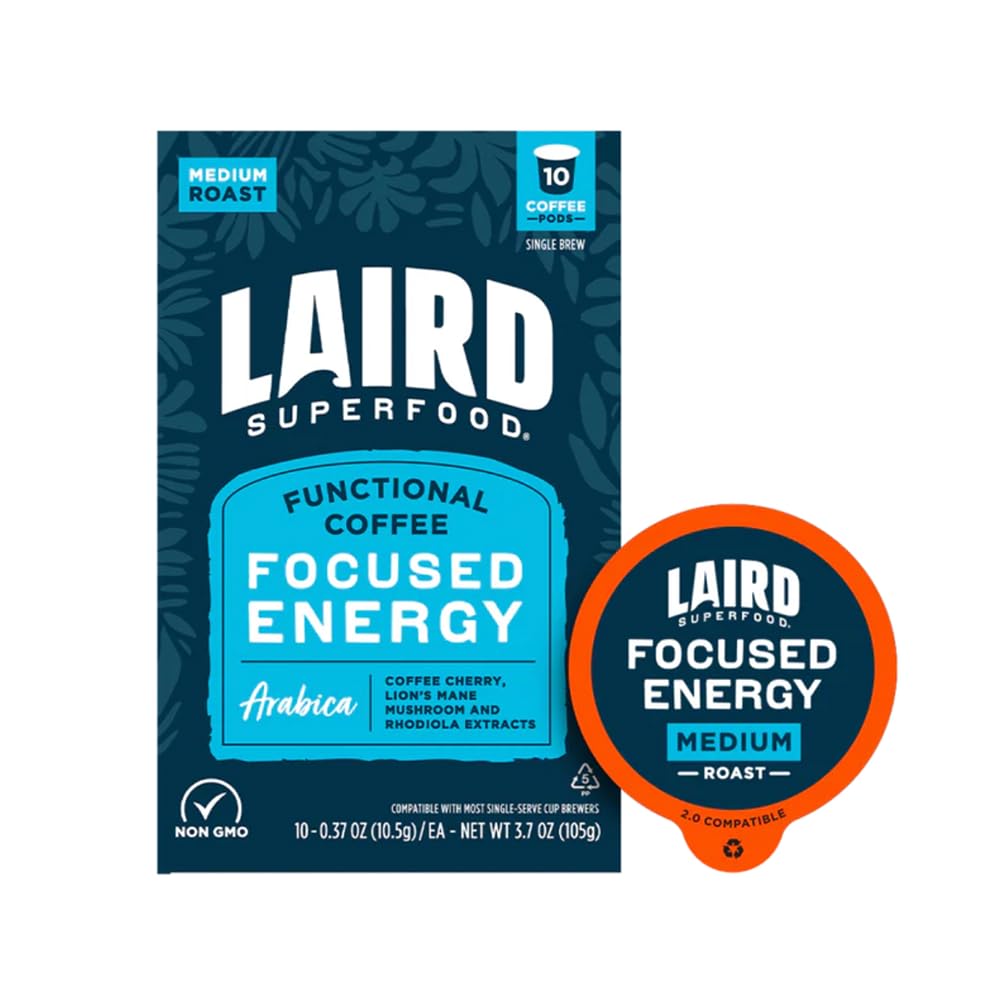 Laird Superfood K-Cups with Functional Mushrooms - Focused Energy, 10ct - Plant-Based Blend of Lions Mane Mushrooms, Rhodiola Extract, and Coffee Cherry - Delicious and Convenient