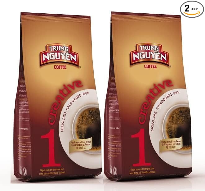 Trung Nguyen — Creative 1 Coffee — Roasted Ground Coffee — 100% Culi Robusta — Single, Unsplit, Peaberry — Dark, Strong, & Full-bodied — Sweet Aftertaste — Vietnamese Coffee, 2 Bags (8.8 oz)