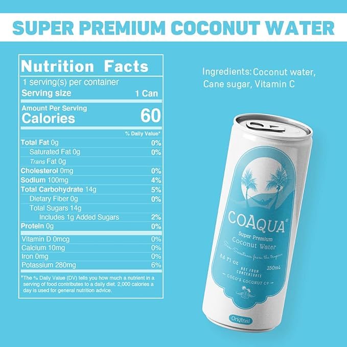 CoAqua Organic Coconut Water, 24 Pack, Natural Electrolytes for Hydration, Naturally Sweet Electrolyte Drink Potassium, Pure Coconut Water Not from Concentrate, Fat Free, Low Sugar, 8.4 Fl Oz Cans