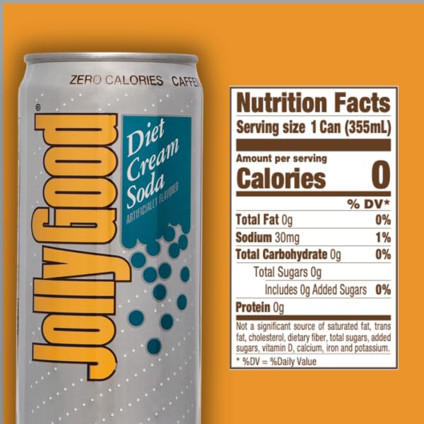 Jolly Good Diet Cream Soda, Low Calorie Soda Pop Drink, Caffeine Free Soft Drinks for Adults & Kids, Craft Soda for Mocktails & Cocktails, Made in America, Vegan, 12 Oz Cans, 12 Pack