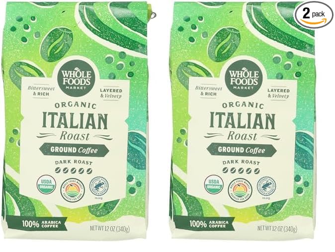 Whole Foods Market, Organic Ground Coffee, Dark Italian Roast, Bittersweet, Rich & Velvety, 12 Ounce