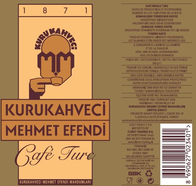 KURUKAHVECI MEHMET EFENDI Decaffeinated Turkish Coffee, Arabica Beans, Roasted Ground,Fresh, Medium to Heavy-bodied, Original Taste Since 1871 (1.76 OZ / 50 Gr)