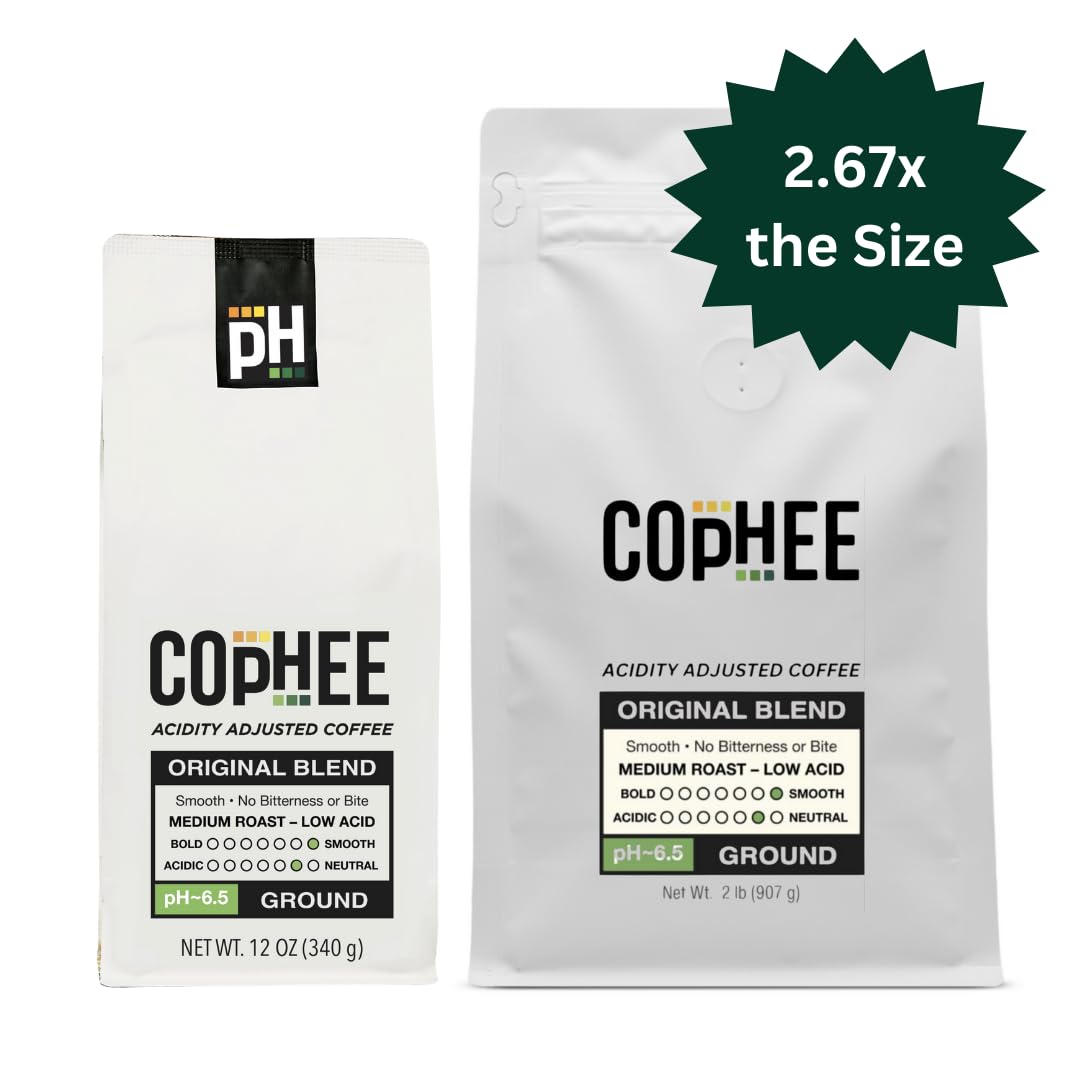 pH Adjusted Coffee by COpHEE - Ground Medium Roast - Smooth Non-GMO Arabica - Acid Neutralizing Electrolytes for Sensitive Stomachs, Acid Reflux, and Heartburn ~pH 6.5-32 oz Original Blend