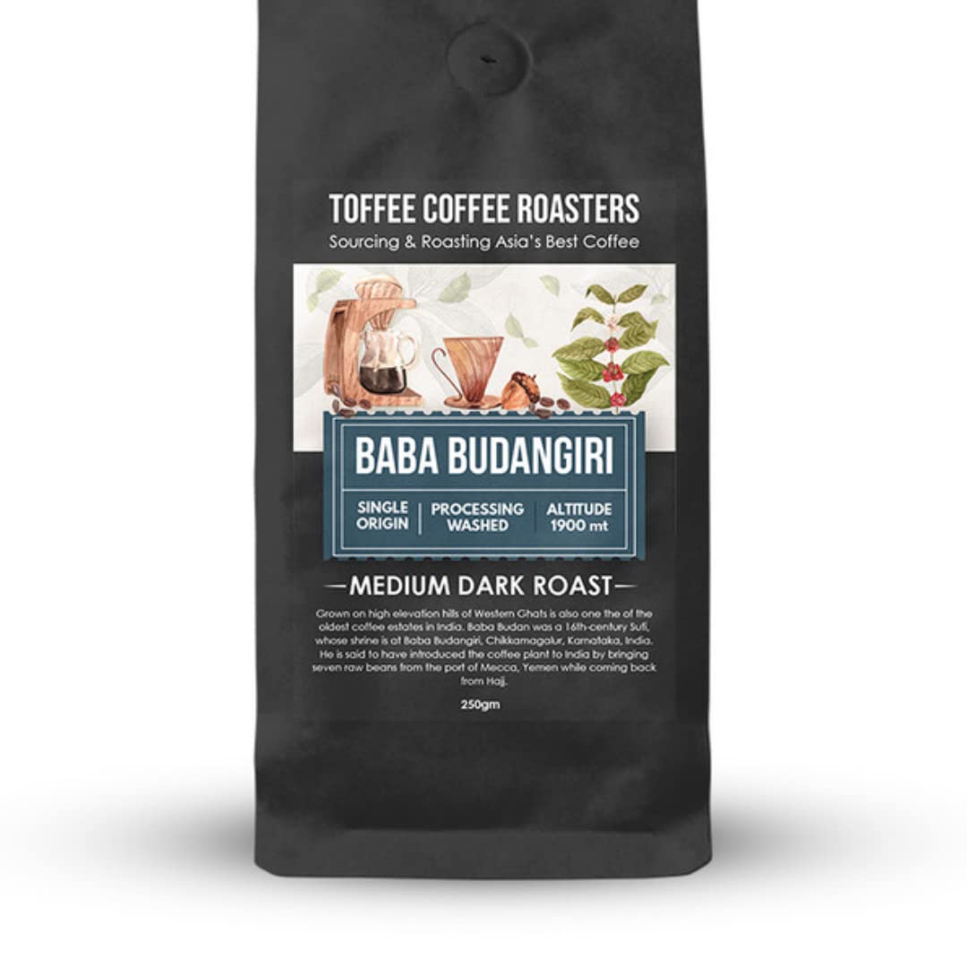 Toffee Coffee Roasters | Baba Budangiri Coffee | Finest Indian Specialty Coffee |100% Arabica Medium Dark Roast Grind: French Press | Coffee Notes: Toasted Nuts, Earthy and Dark Chocolate - 9 oz (250g)