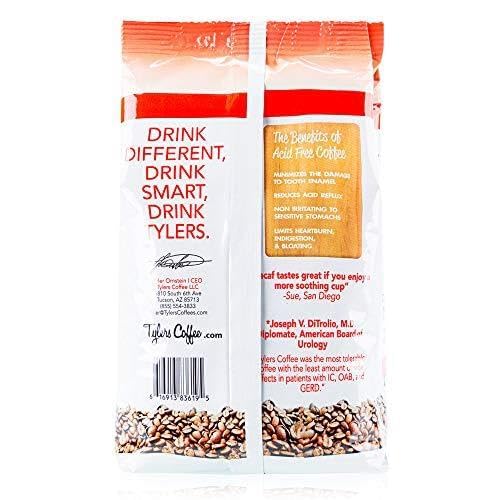 Tyler’s Acid Free Organic Whole Beans - 100% Arabica Full Flavor Decaf - For Acid Free Diets - Natural and Organic Blend for Common GI Issues-12 oz