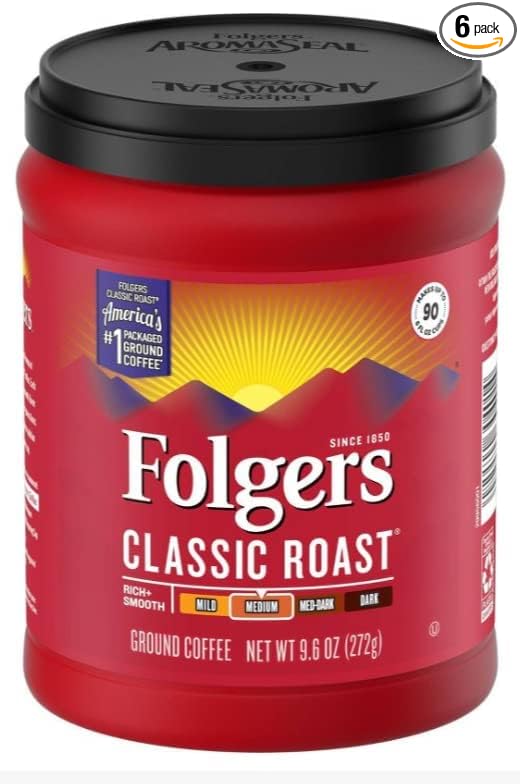Folgers Classic Roast Ground Coffee, 9.6 Ounce (Pack of 6)