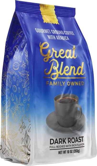 Great Blend Dark Roast Gourmet Ground Coffee with Arabica, Non-GMO, 100% Pure and Natural Coffee, Full Bodied With Rich Flavor, 12 Ounce Bag