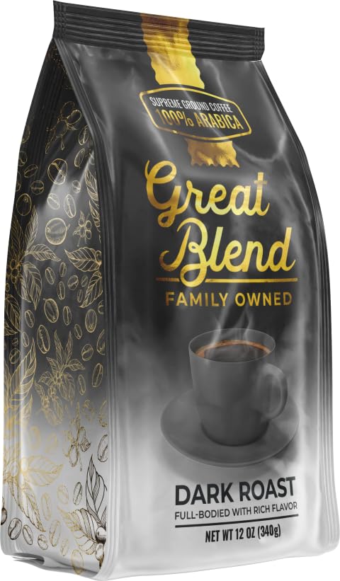 Great Blend Supreme 100% Arabica Dark Roast Gourmet Ground Coffee, Non-GMO 100% Pure and Natural Coffee, Full Bodied with Rich Flavor, 12 Ounce Bag