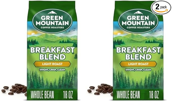 Green Mountain Coffee Roasters Breakfast Blend, Whole Bean Coffee, Light Roast, 18 Ounce (Pack of 2)