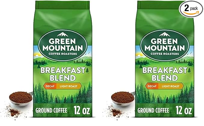 Green Mountain Coffee Roasters, Breakfast Blend Decaf, Ground Coffee, Decaffeinated, Light Roast, Bagged 12oz. (Pack of 2)