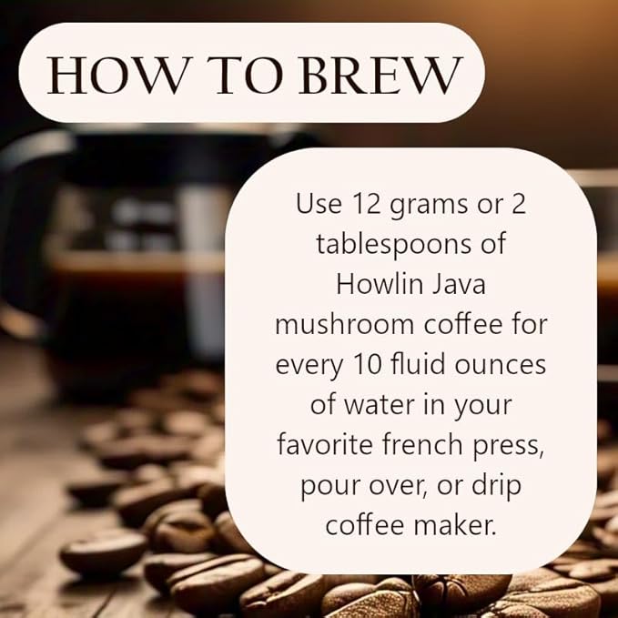 Howlin Java Mushroom Coffee, Premium Ground Coffee with 1 gram each of Lion's Mane, Chaga, and Cordyceps. Increase Energy, Focus, and Immunity with our Adaptogenic blend! 28 servings
