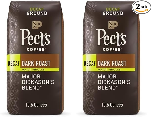 Peet's Coffee, Dark Roast Decaffeinated Ground Coffee - Decaf Major Dickason's Blend 10.5 Ounce Bag (Pack of 2)