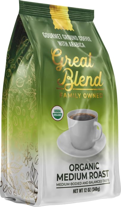 Great Blend Organic Medium Roast Gourmet Ground Coffee with Arabica, Non-GMO 100% Pure and Natural Coffee Certified Organic, Medium Bodied and Balanced Taste, 12 Ounce Bag