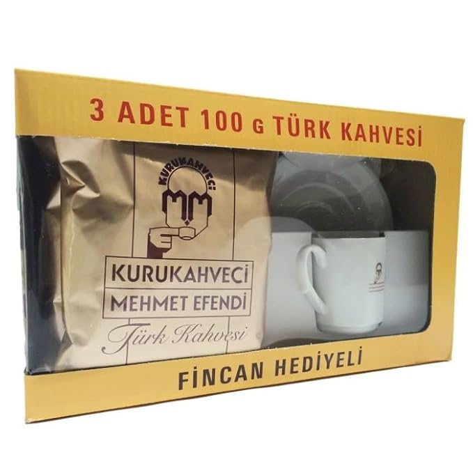 KURUKAHVECI MEHMET EFENDI Turkish Coffee SET, Arabica Beans, Roasted Ground,Rich Aroma, Fresh, Medium to Heavy-bodied, Original Taste Since 1871 (3.52 OZ / 100 Gr) Pack of 3 with Coffee Mug